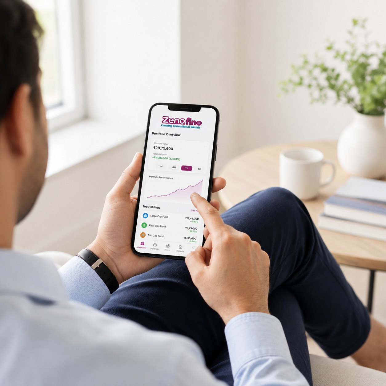 Person using the mobile wealth app on a smartphone